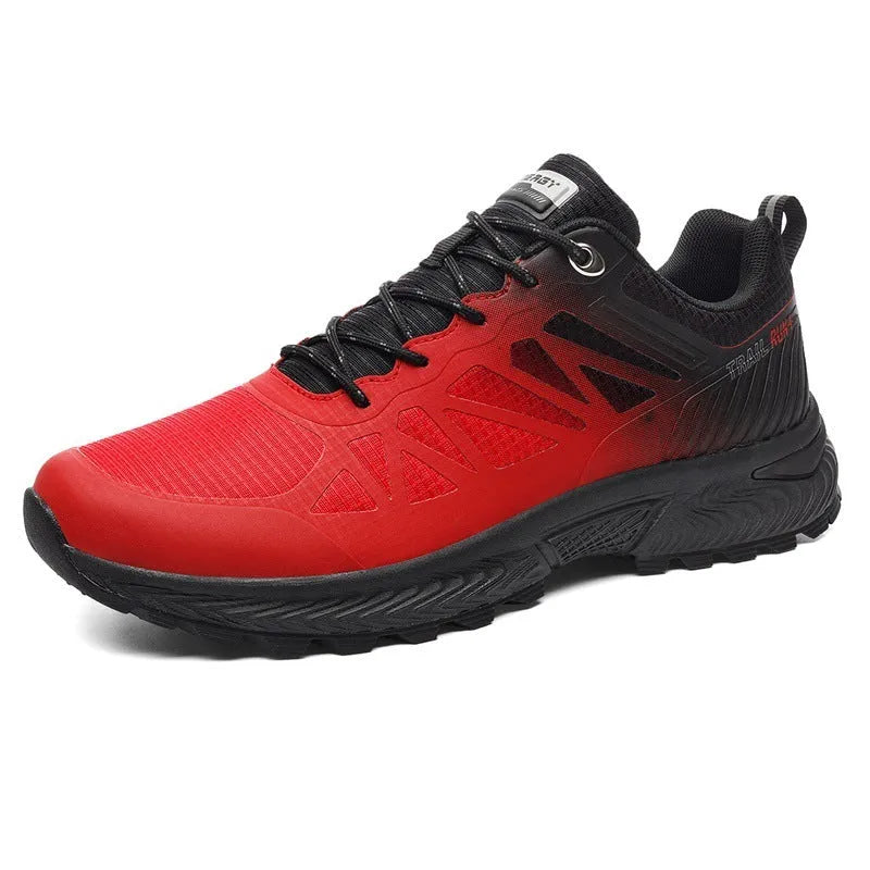 Men's black breathable mesh outdoor running shoe with lace-up front and rubber sole.