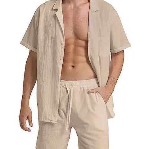 Men's flax summer sports shorts suit with short-sleeved top and matching athletic shorts