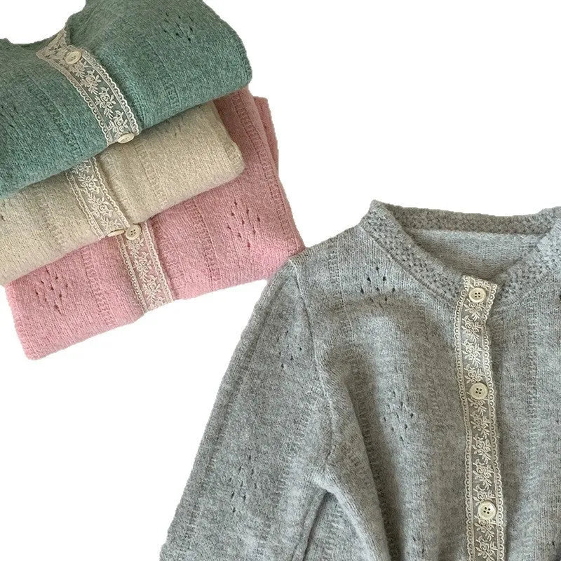 Artistic retro loose knitwear cardigan coat in apricot, green, pink, or light grey colour.
