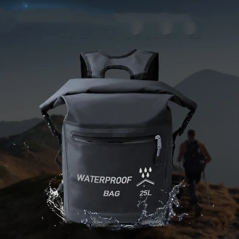 Black outdoor waterproof backpack with a 25-litre capacity for swimming and rafting.