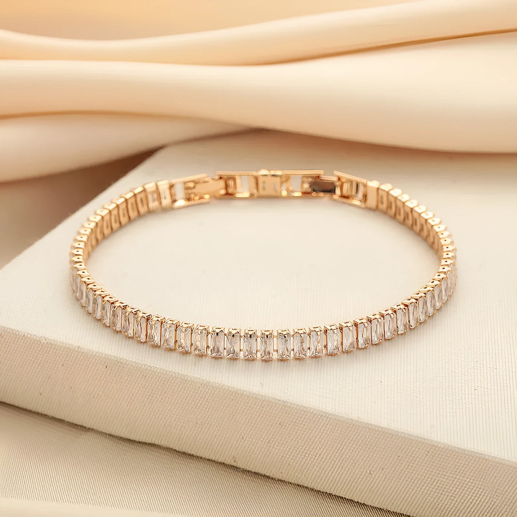 Rectangular brass women's bracelet with full diamond zircon inlays in champagne gold colour