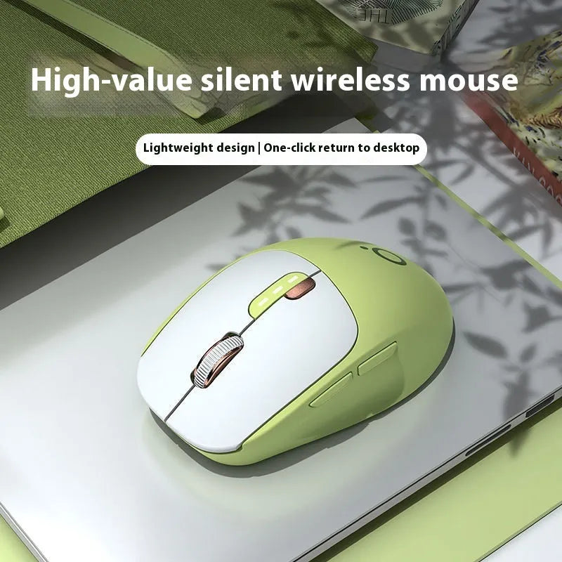Wireless Bluetooth mouse in Matcha Green colour showing ergonomic shape and silent click buttons
