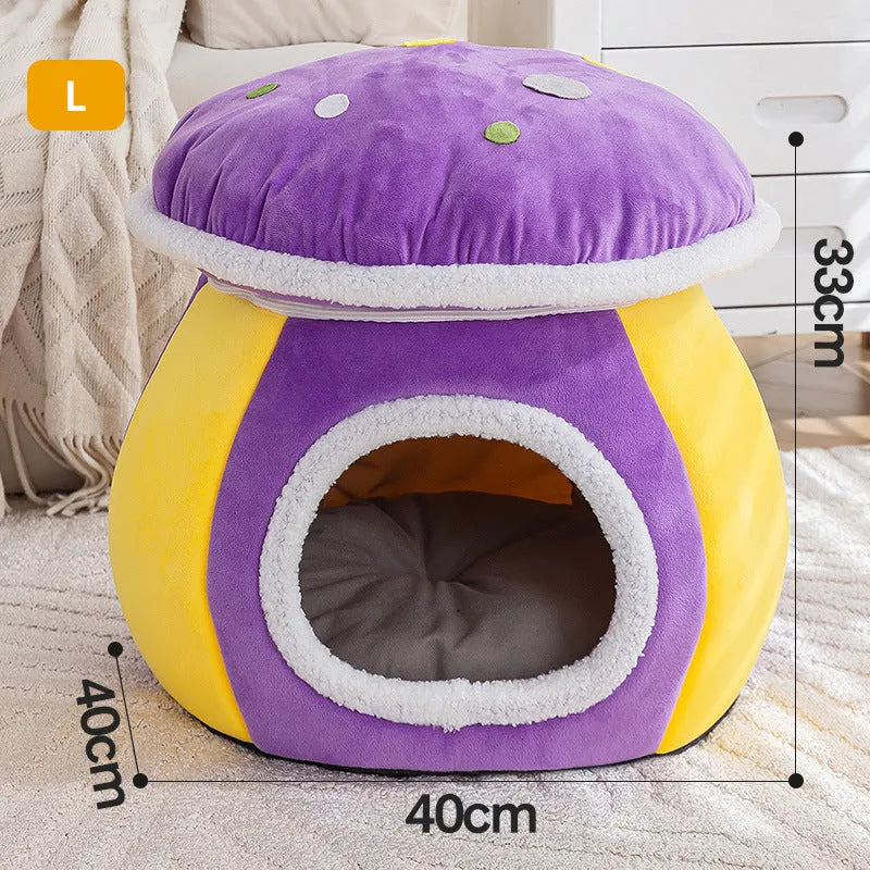 Grey mushroom-shaped plush cat bed nest for small pets on a white background.