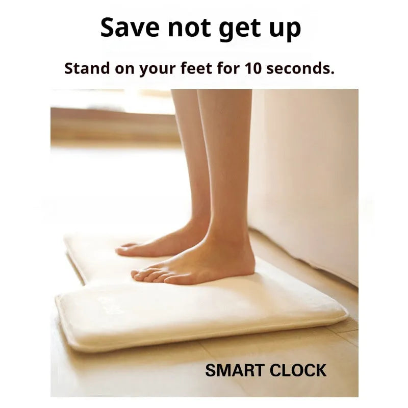 Smart carpet mat alarm clock with cloth velvet surface, 20mm thick, small or large size, dual daily alarms and stand-on deactivation