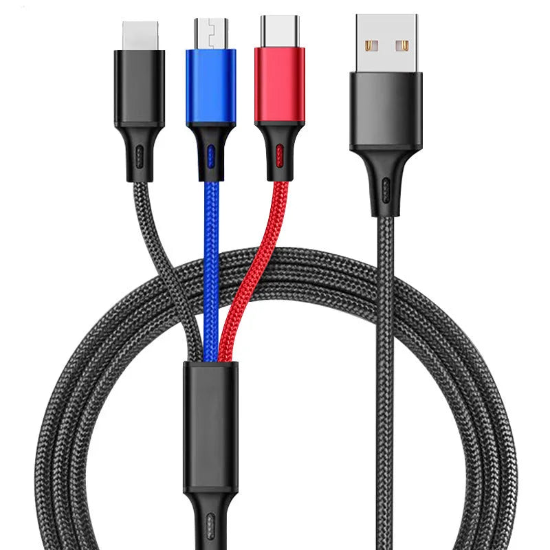 3-in-1 braided charging cable with Lightning, Micro-USB and Type-C connectors in nylon braiding