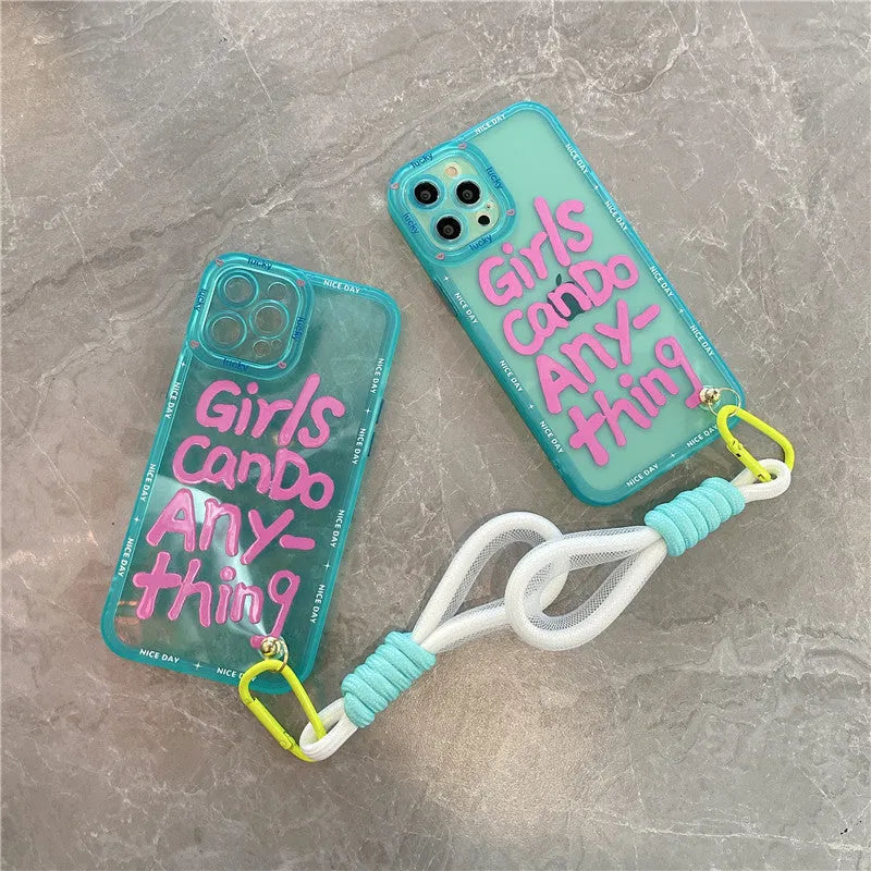 Mint green TPU phone case with painted blue-haired girl graffiti art and attached fabric lanyard for Apple iPhone.