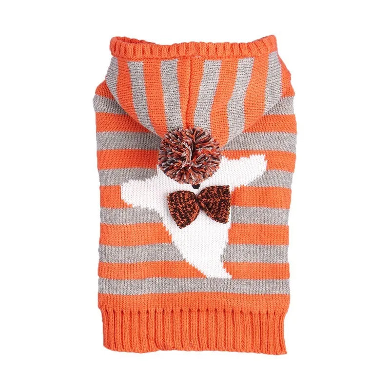 Orange striped knitted Halloween pet sweater with a hood and fur ball decoration for cats or small dogs.
