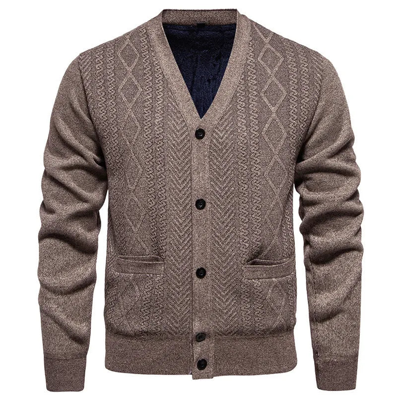Men's striped cardigan sweater in plus sizes with wool lining for cold weather wear