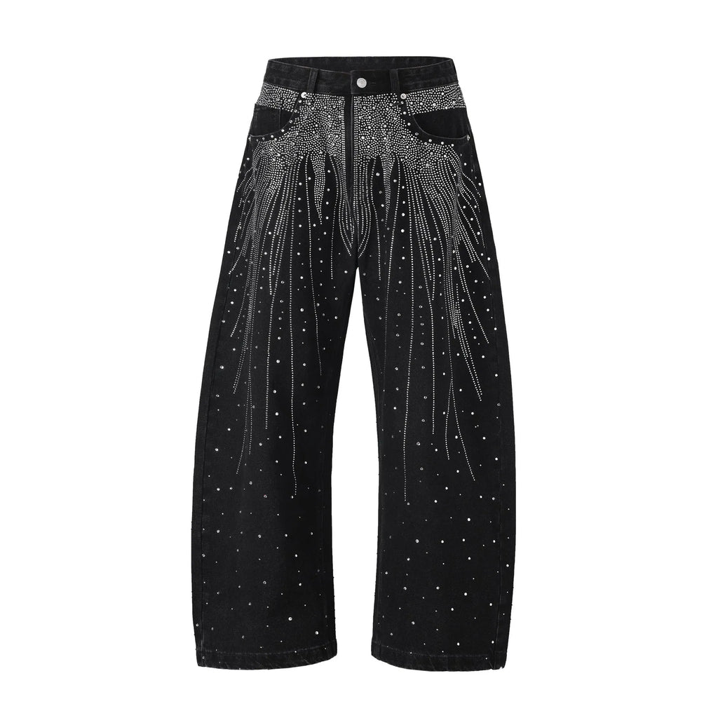 Blue loose-fitting cotton wide-leg trousers on a hanger, showing straight cut and regular sleeve style