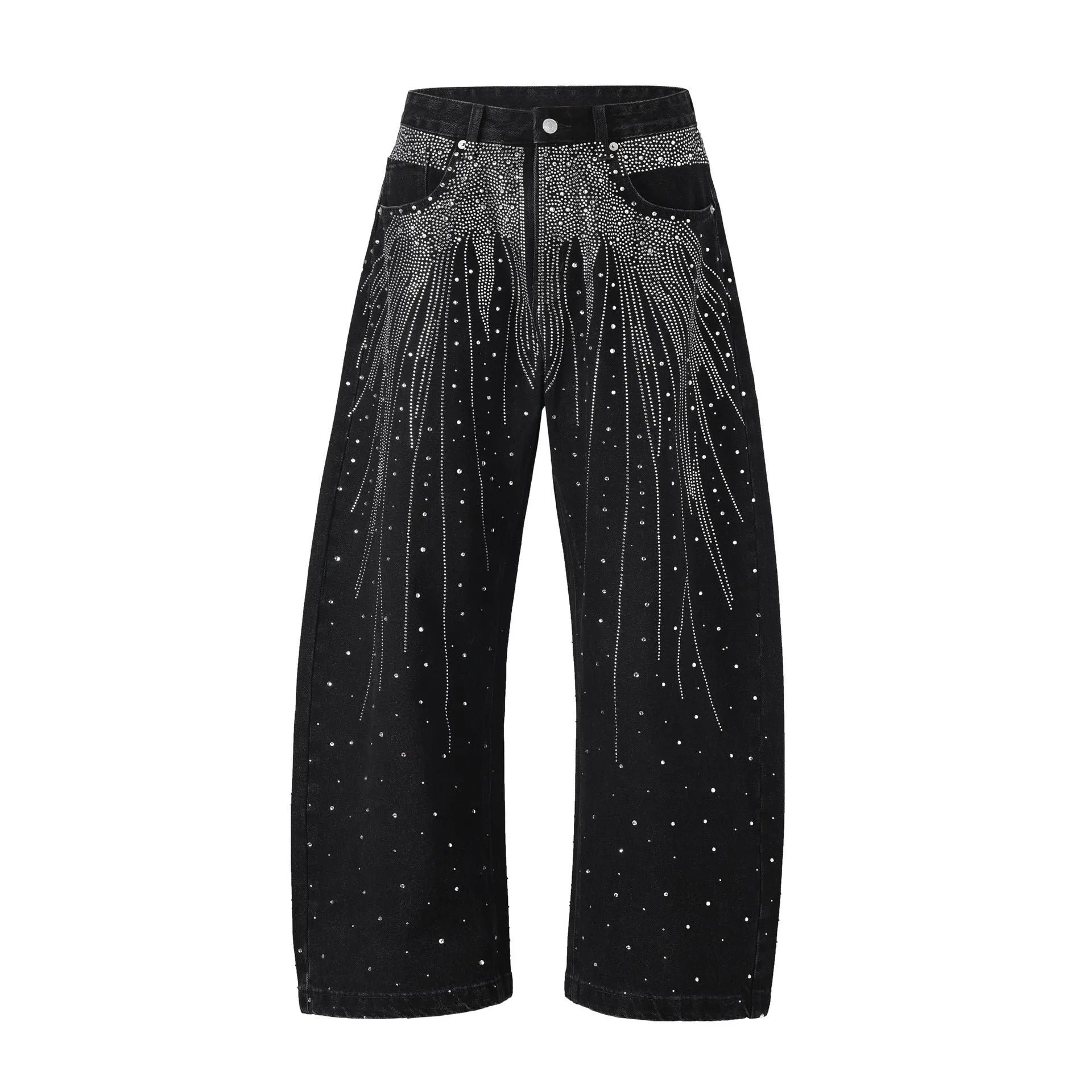 Blue loose-fitting cotton wide-leg trousers on a hanger, showing straight cut and regular sleeve style