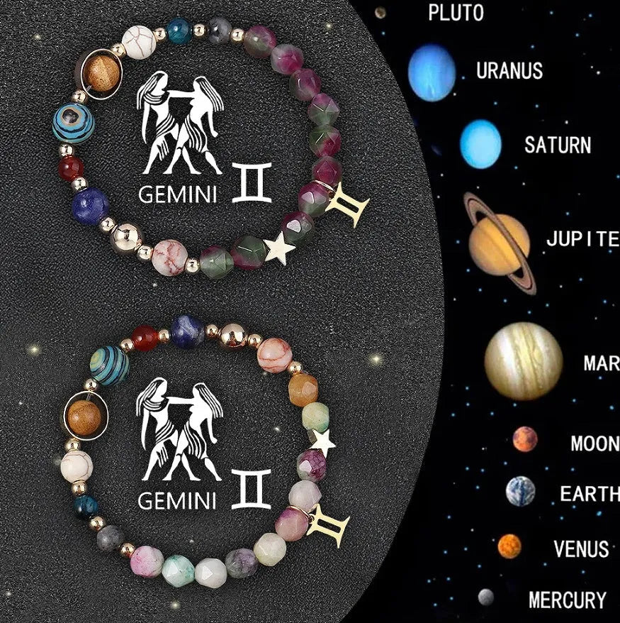 Natural stone beaded bracelets showing zodiac sign designs for complete astrological collection