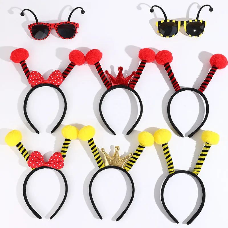 Yellow bees costume set with a cloth headband and glasses featuring insect details.