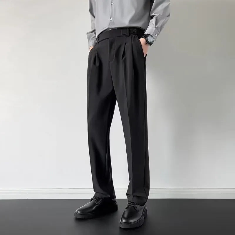 Men's straight-leg suit pants with loose fit in apricot and black polyester fabric