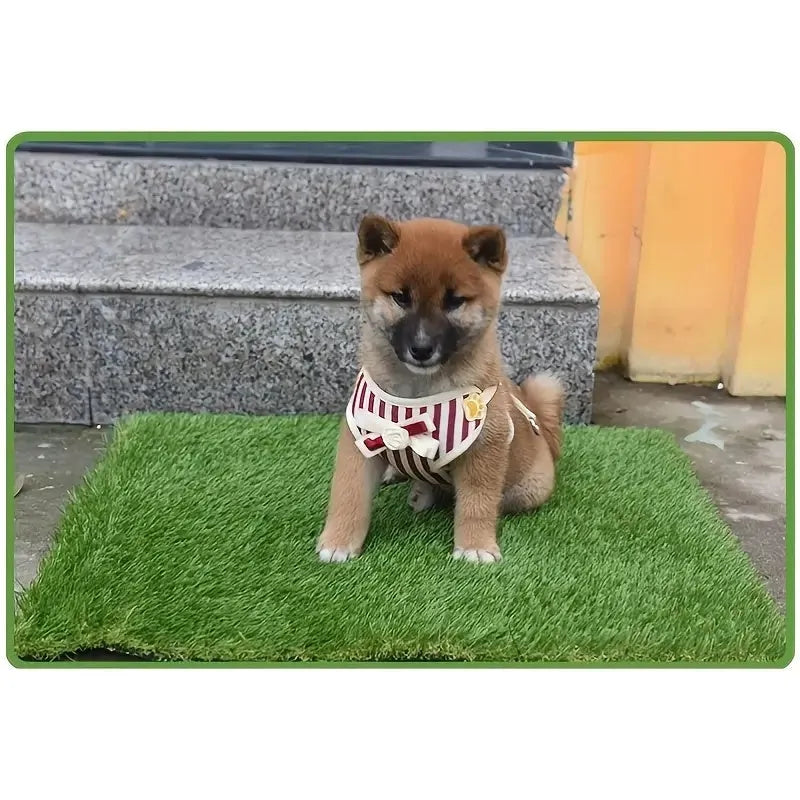 Artificial grass dog toilet training mat with non-slip backing, shown in three available sizes.