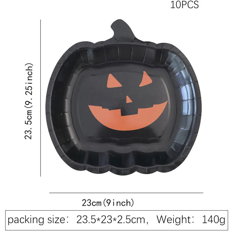 Black disposable paper plate with cute pumpkin design for Halloween, 9 inches in diameter.