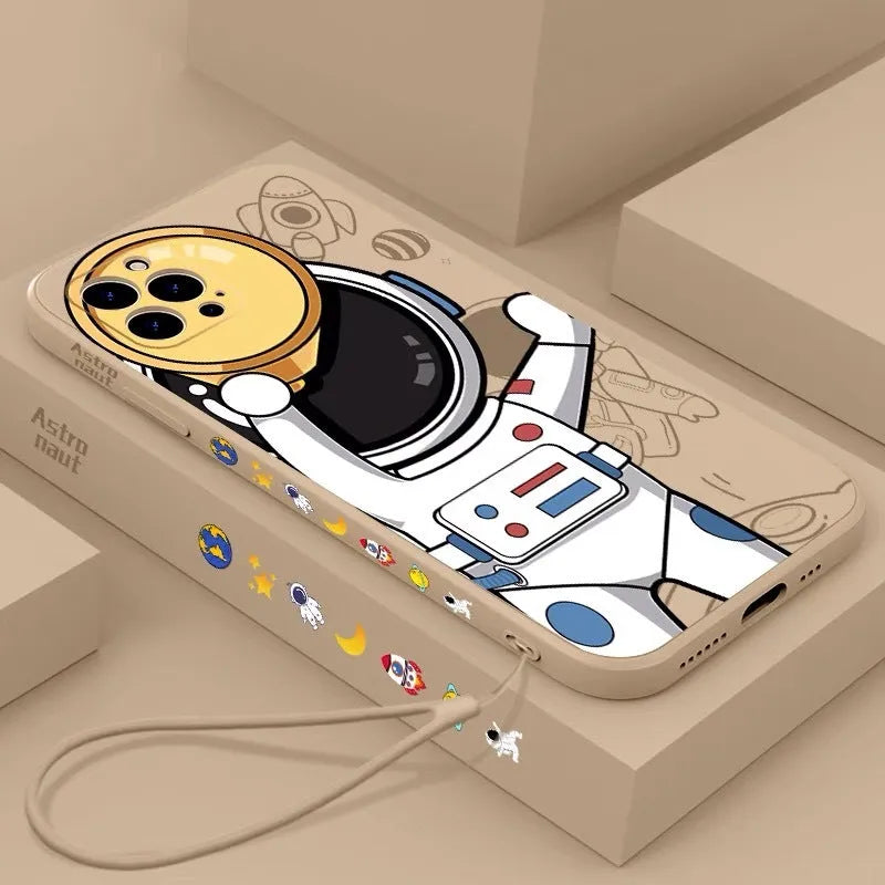 Cartoon astronaut and starry sky design on a black silicone phone case for iPhone.