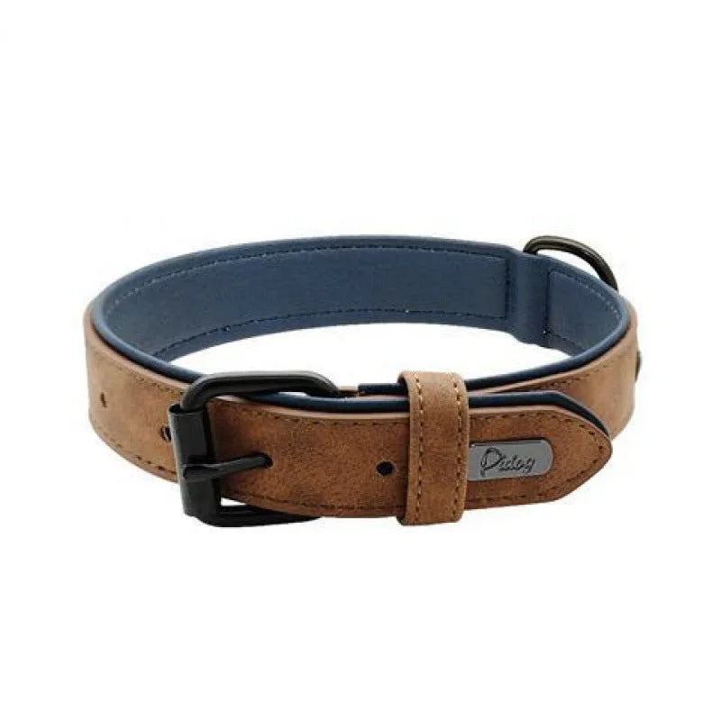 Adjustable dog collar on a white background showing PU front and microfiber back, in a choice of five colours.