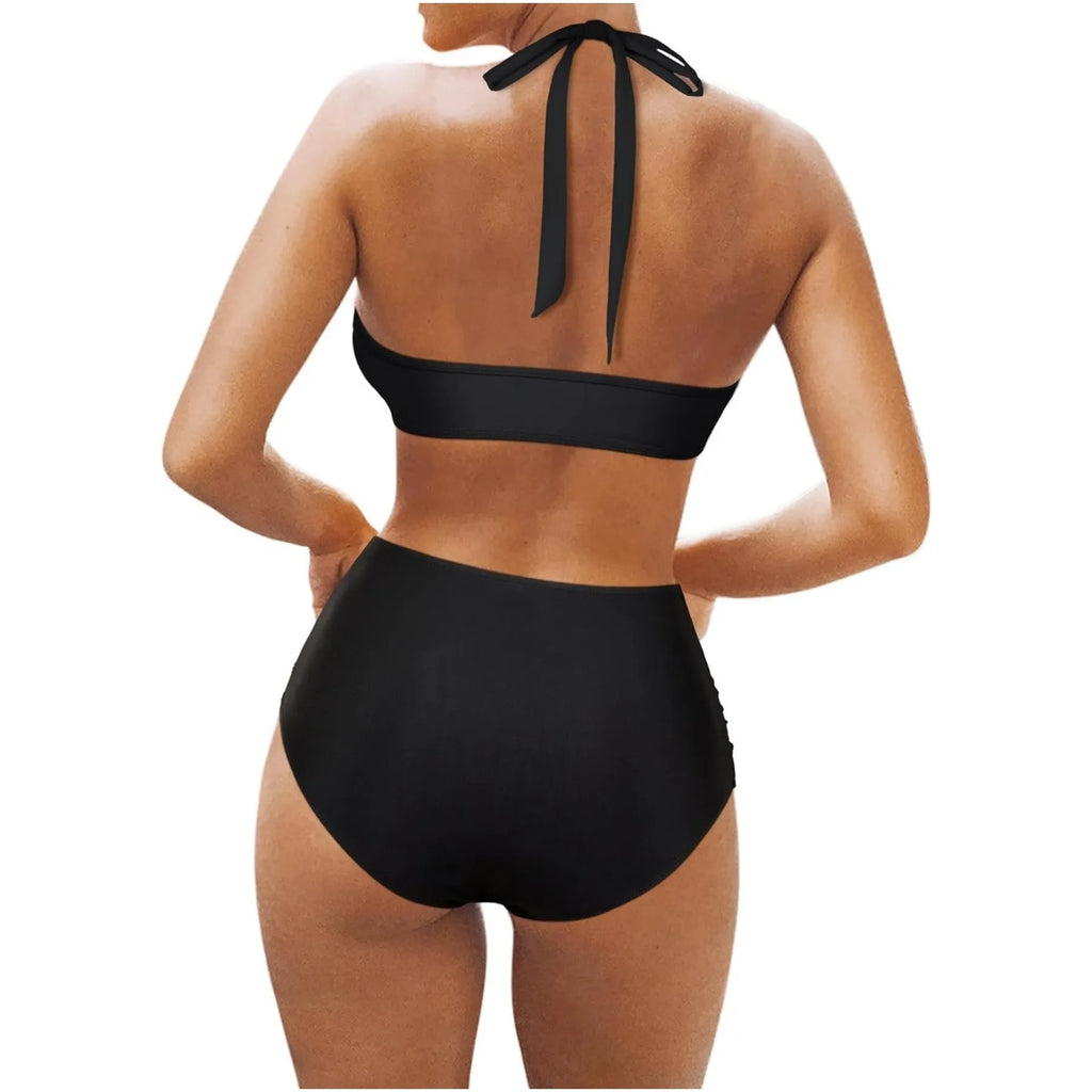 Women's black polyester bikini set with briefs bottom and matching top