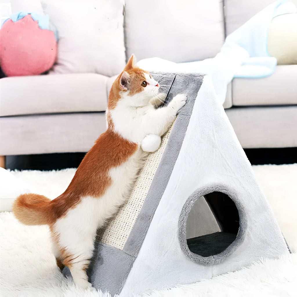 Grey and white triangle-shaped cat nest bed with an integrated sisal scratching post on the side.
