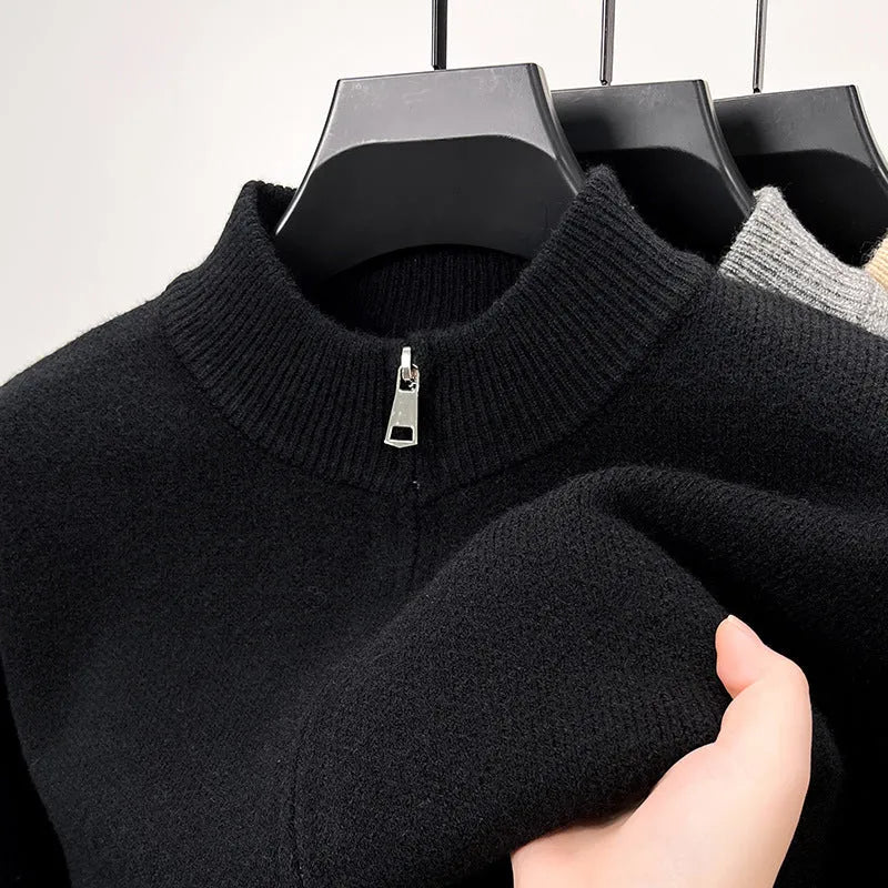Men's black stand collar cardigan with front zipper showing loose fit and thickened knit construction