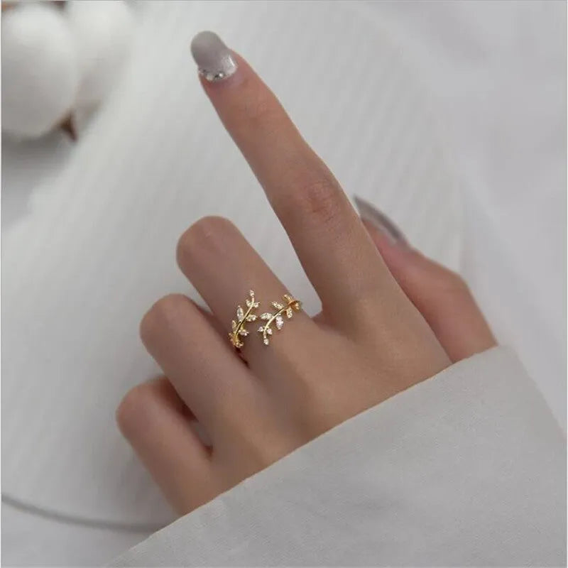 Copper branch leaf ring for women with gold or silver electroplated finish