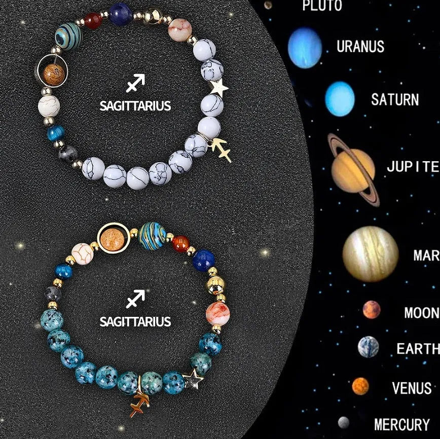 Two natural stone beaded bracelets showing different zodiac sign designs on an adjustable cord.