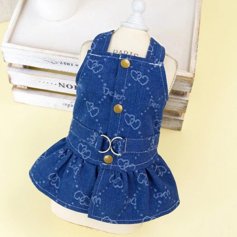 Teddy Bichon wearing thin denim princess dress with bracket-skirt design in blue denim