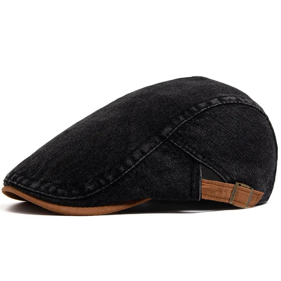 Retro men's cotton beret with dome crown in blue on white background