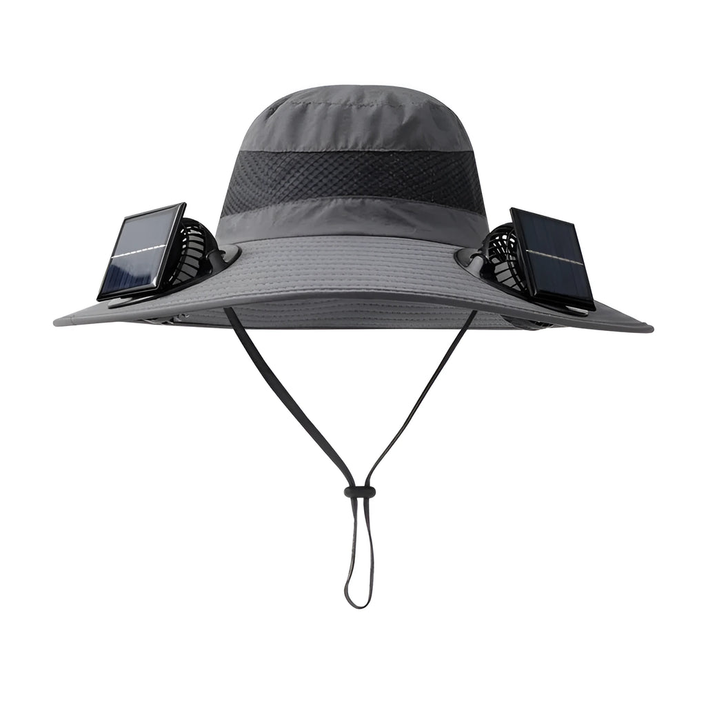 Men's beige solar-powered fan hat with wide brim and integrated cooling fan