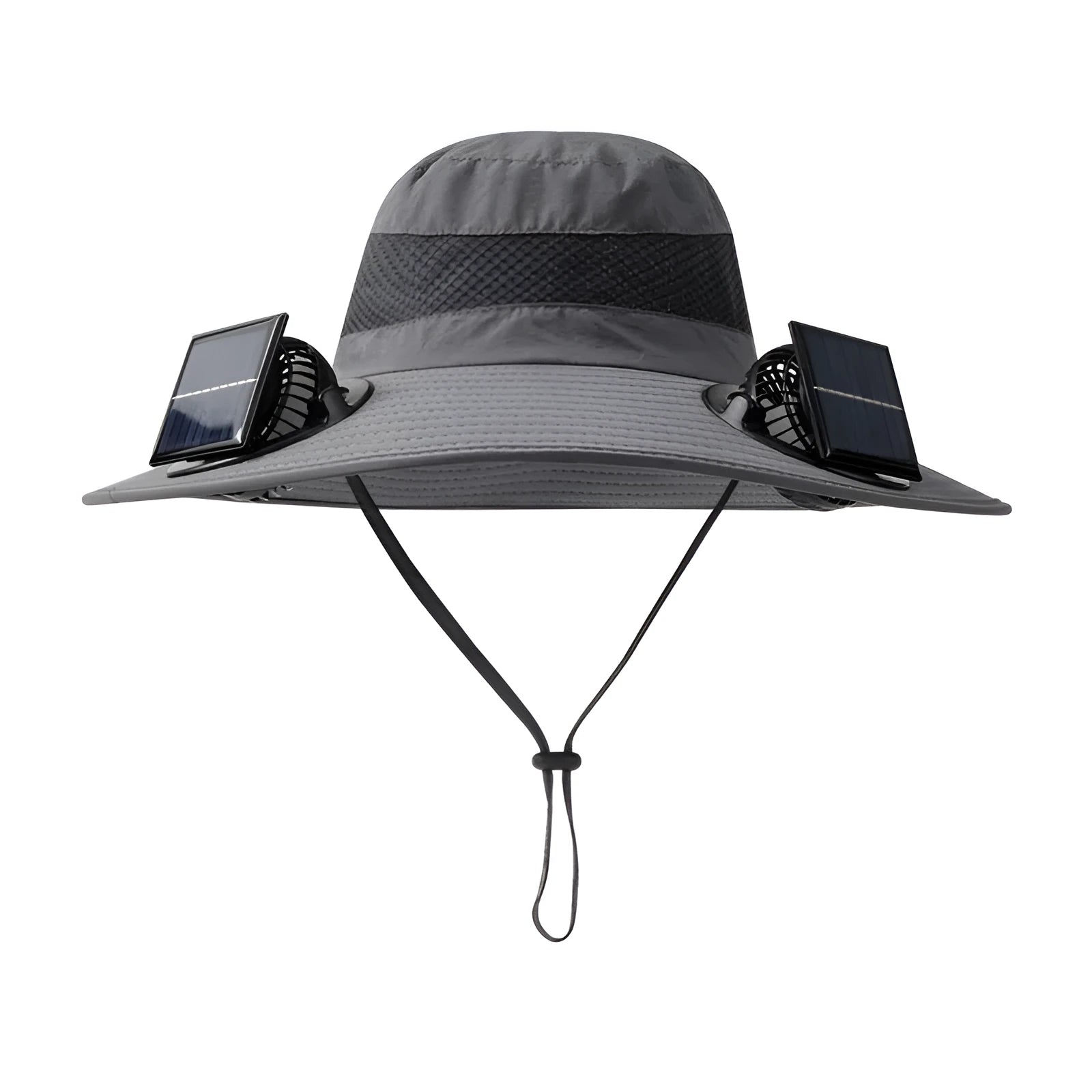 Men's beige solar-powered fan hat with wide brim and integrated cooling fan