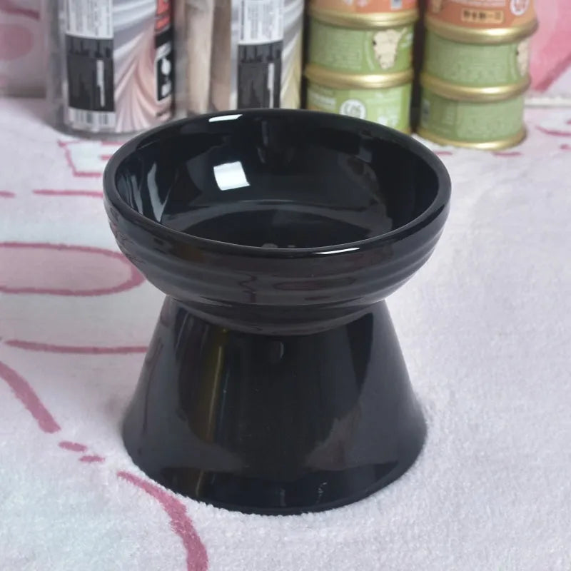 Black ceramic pet bowl with high foot neck protector design for spill prevention