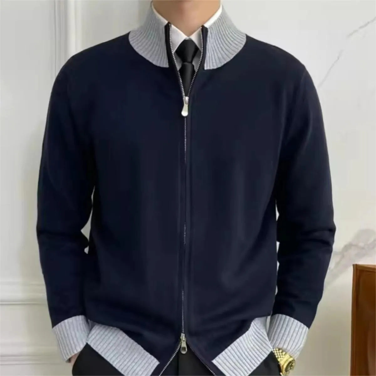Men's loose-fit polyester knitwear coat in navy blue, long sleeves, size M to 3XL