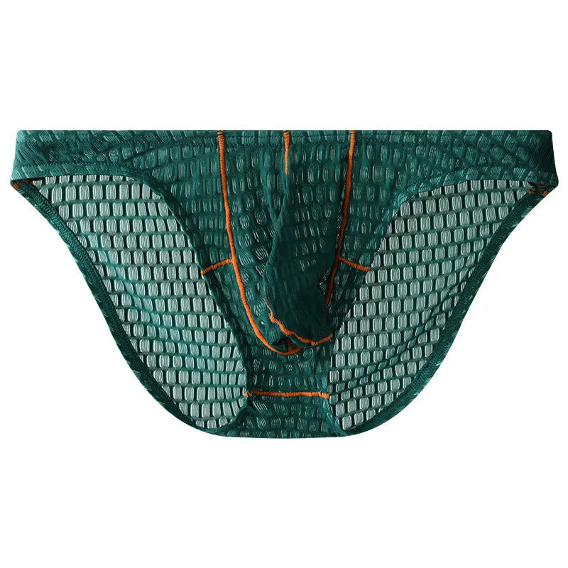 Men's low-waist lace briefs in ice silk fabric on a white background, shown in green colour.