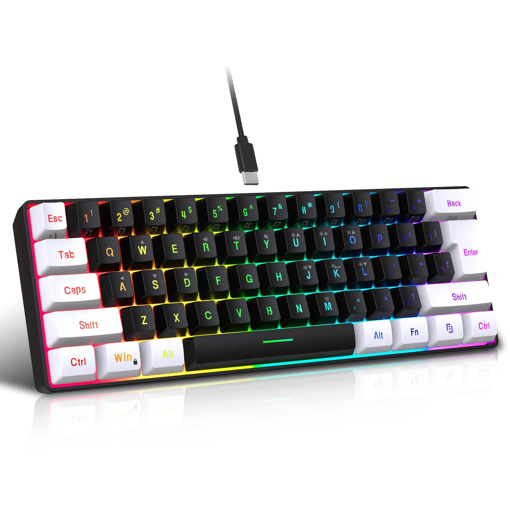 Simple wired white and black 61-key membrane keyboard with a USB cable on a desk