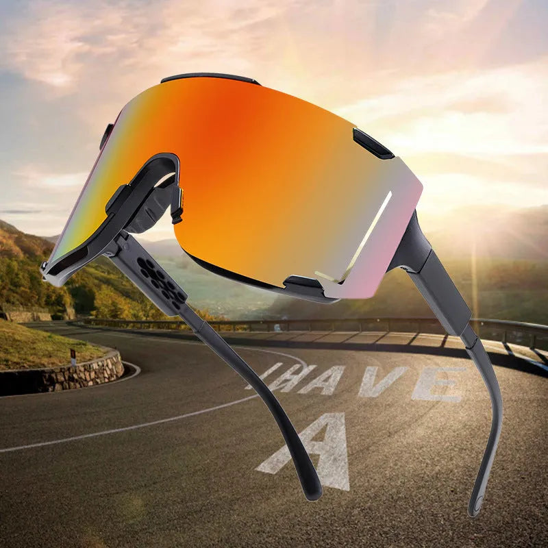 Unisex cycling glasses with HD PC lenses in a colourful frame, suitable for outdoor sports.