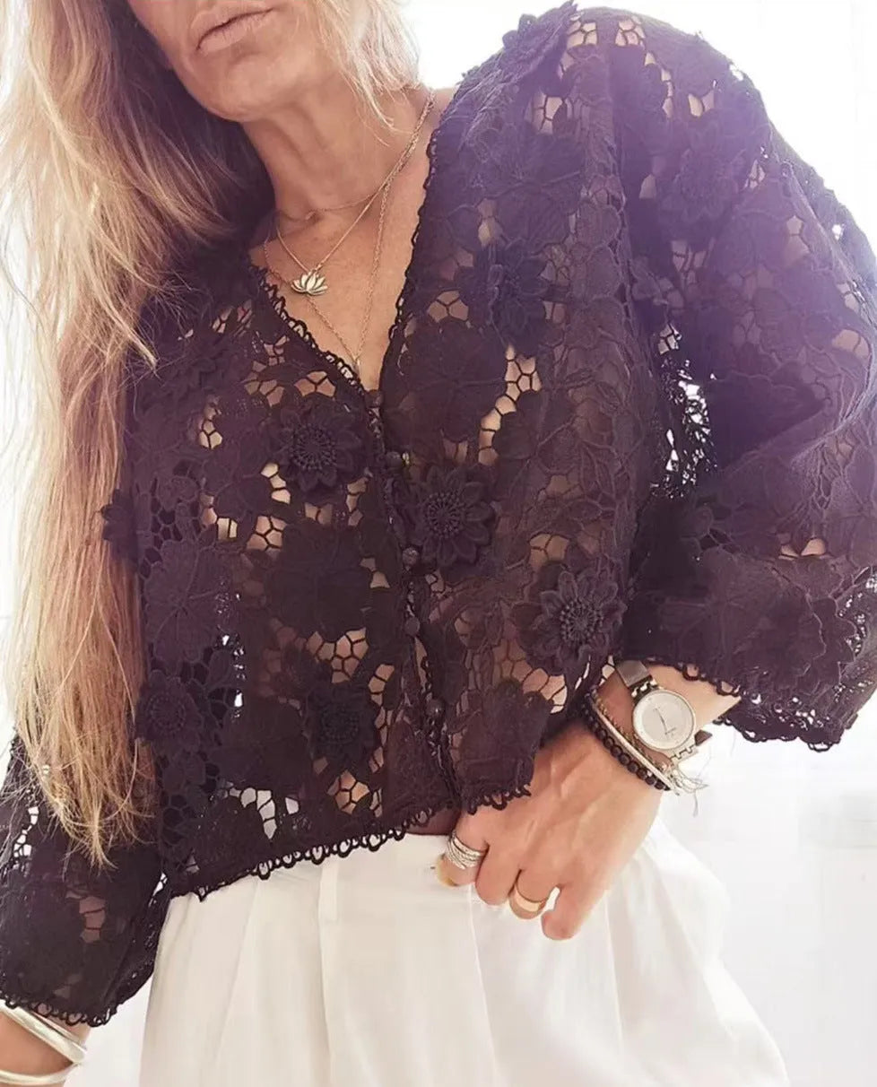 Women's loose fit polyester lace cardigan with V-neck and three-dimensional lace flower decoration.