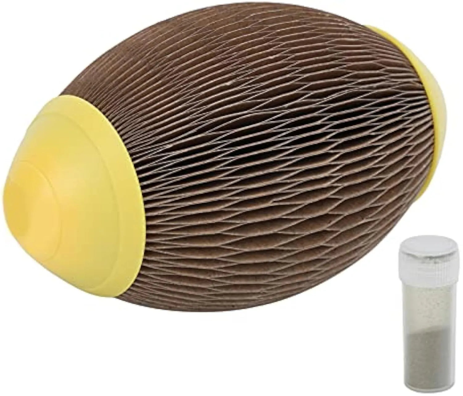 Elliptical corrugated paper catnip football toy measuring 65x108mm