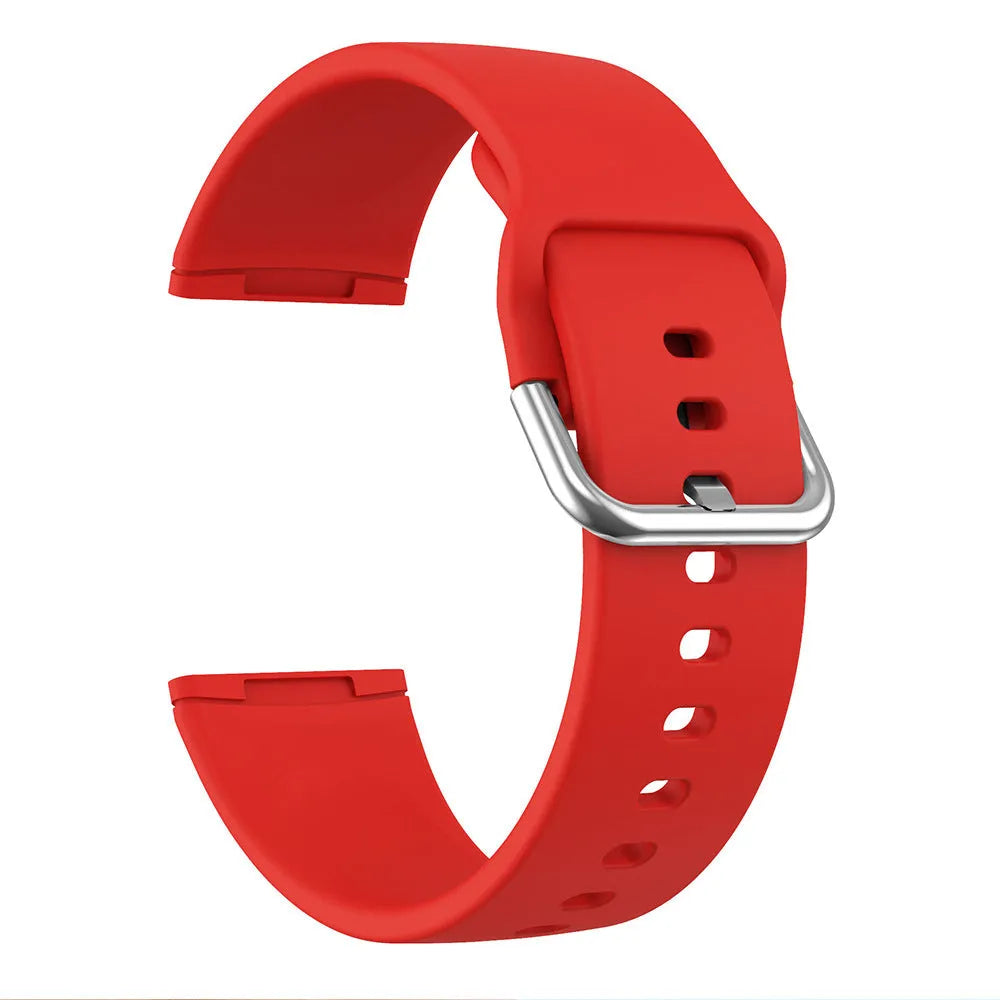 Silicone replacement strap with silver buckle for Fitbit Versa 3 and Sense 2 in multiple solid colours.