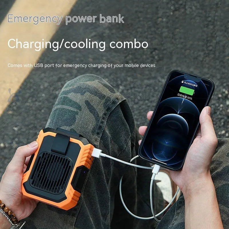 Green wearable wrist fan with LED light and USB charging port, showing adjustable strap.