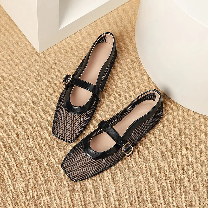 Women's mesh breathable summer shoes with buckle fastening and flat low heel