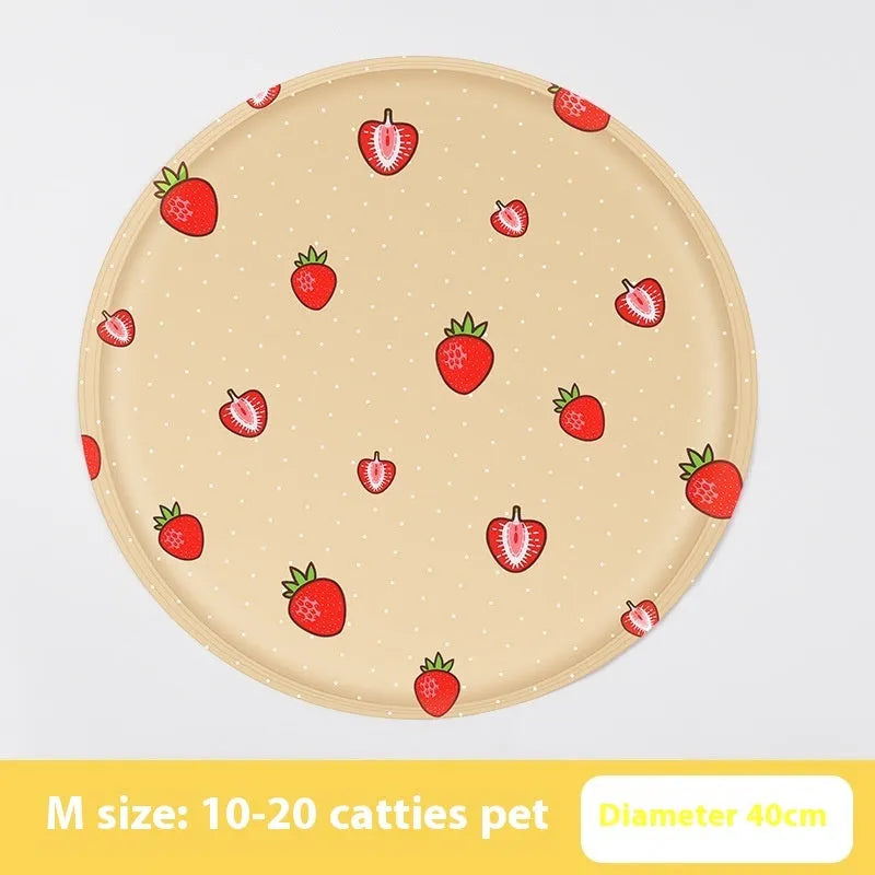 Round pet cooling ice pad with cartoon corgi design on blue background, showing 50cm diameter size.