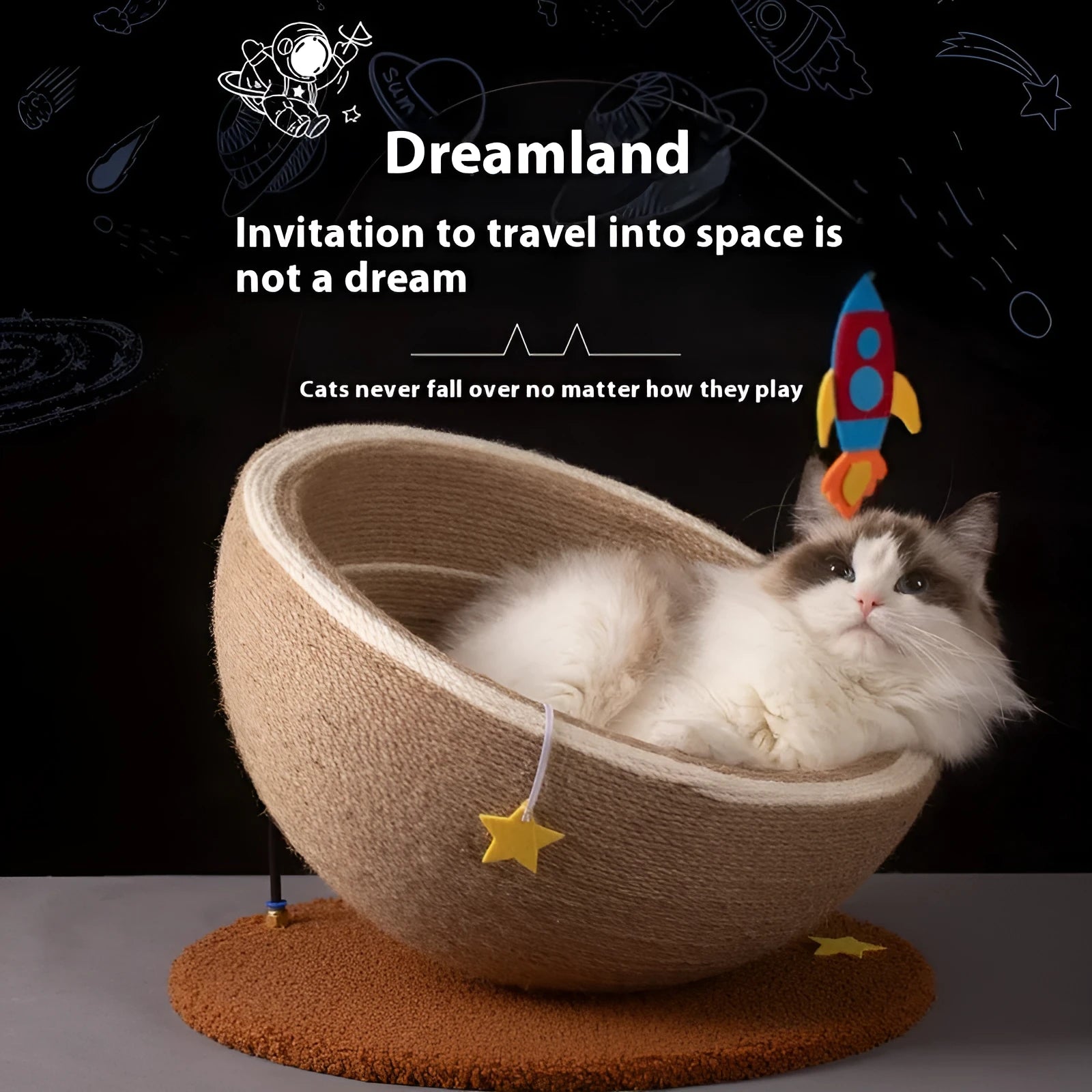 Large integrated cat scratch basin and nest in starlight colour with sisal rope post and flannel bedding.