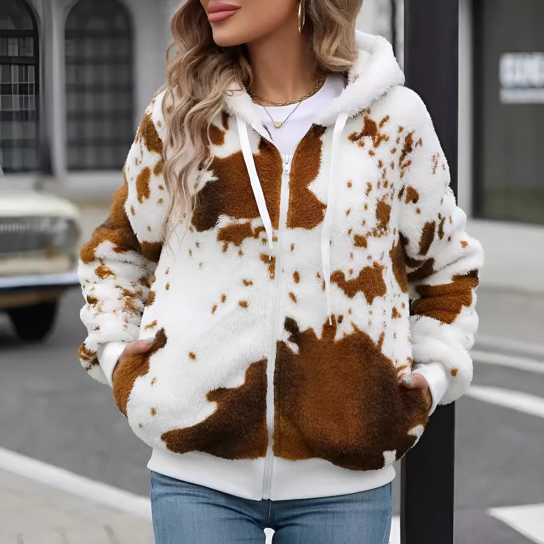 Yellow and brown animal print hooded cardigan jacket with front zipper