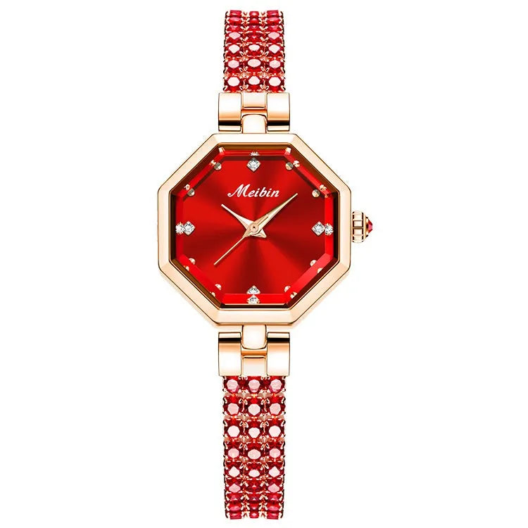Octagonal women's watch with rose stone detailing, alloy jewellery buckle, 27mm dial, quartz movement