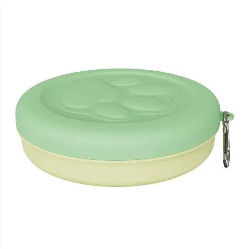 Portable dog bowl with removable lid in light pink and green colour options showing small and large size variants