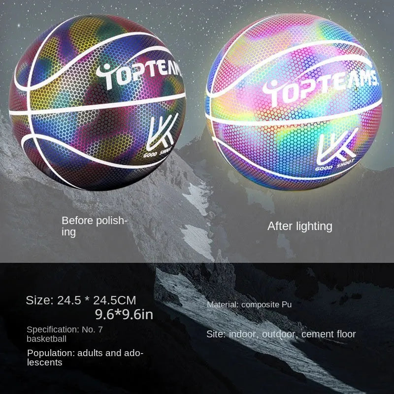 No. 7 size fluorescent basketball with holographic reflective surface on a court.