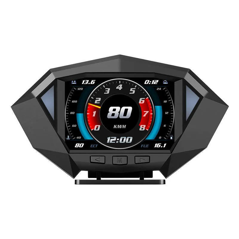 Black P1 vehicle head-up display unit with OBD cable on a car dashboard.