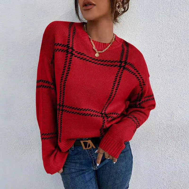 Women's plaid colour-block crew neck acrylic sweater in loose fit style