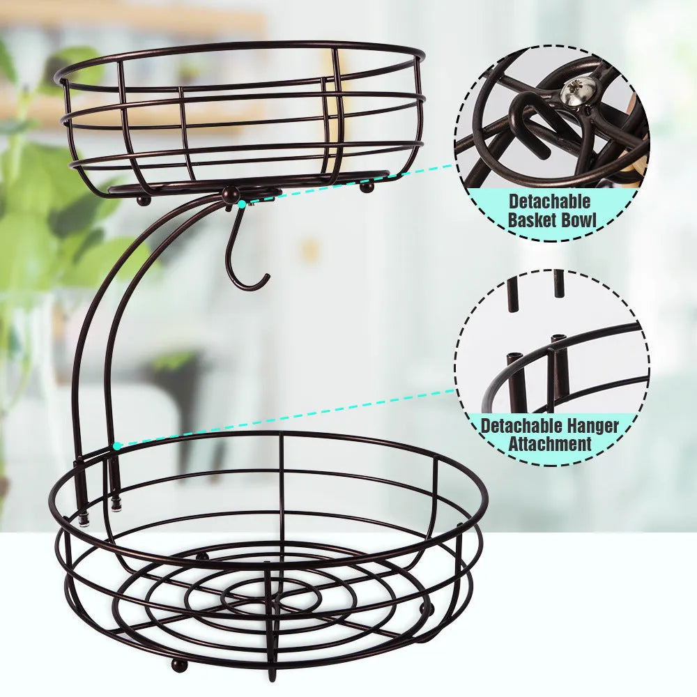 Black wrought iron double-layer fruit basket with open-weave sides for produce storage