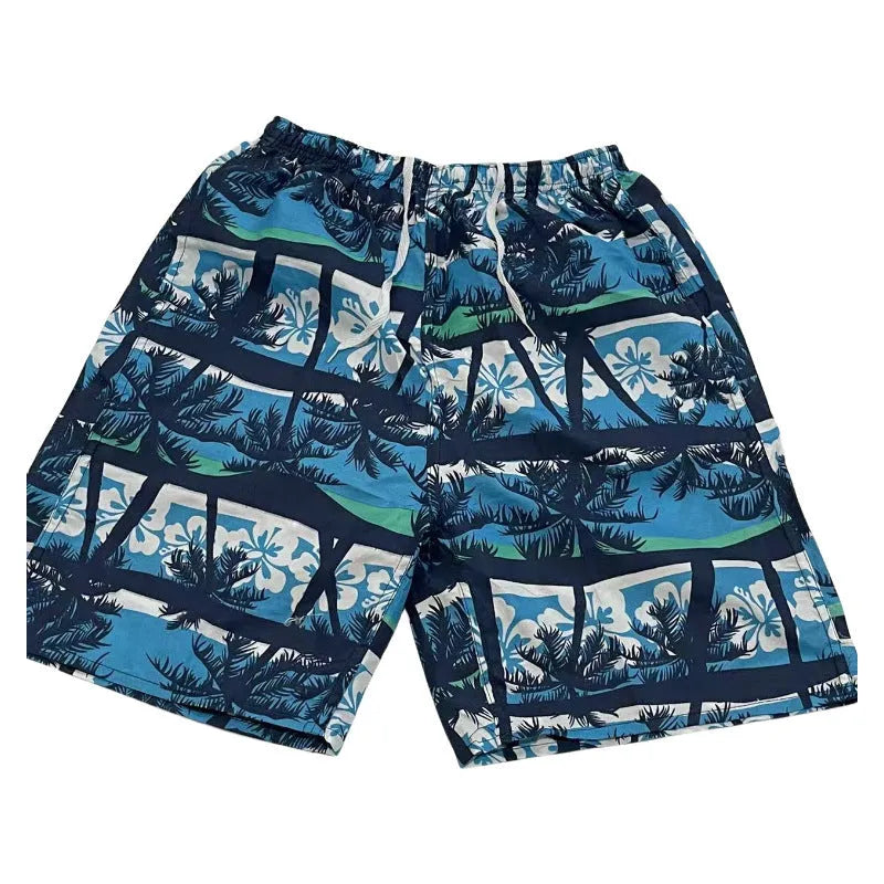 Men's floral print five-point swimming trunks in polyester fabric, free size